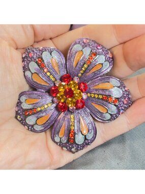 Oriental Treasures Dong Suh Vintage Flower Brooch Enamel Rhinestone 2.75"